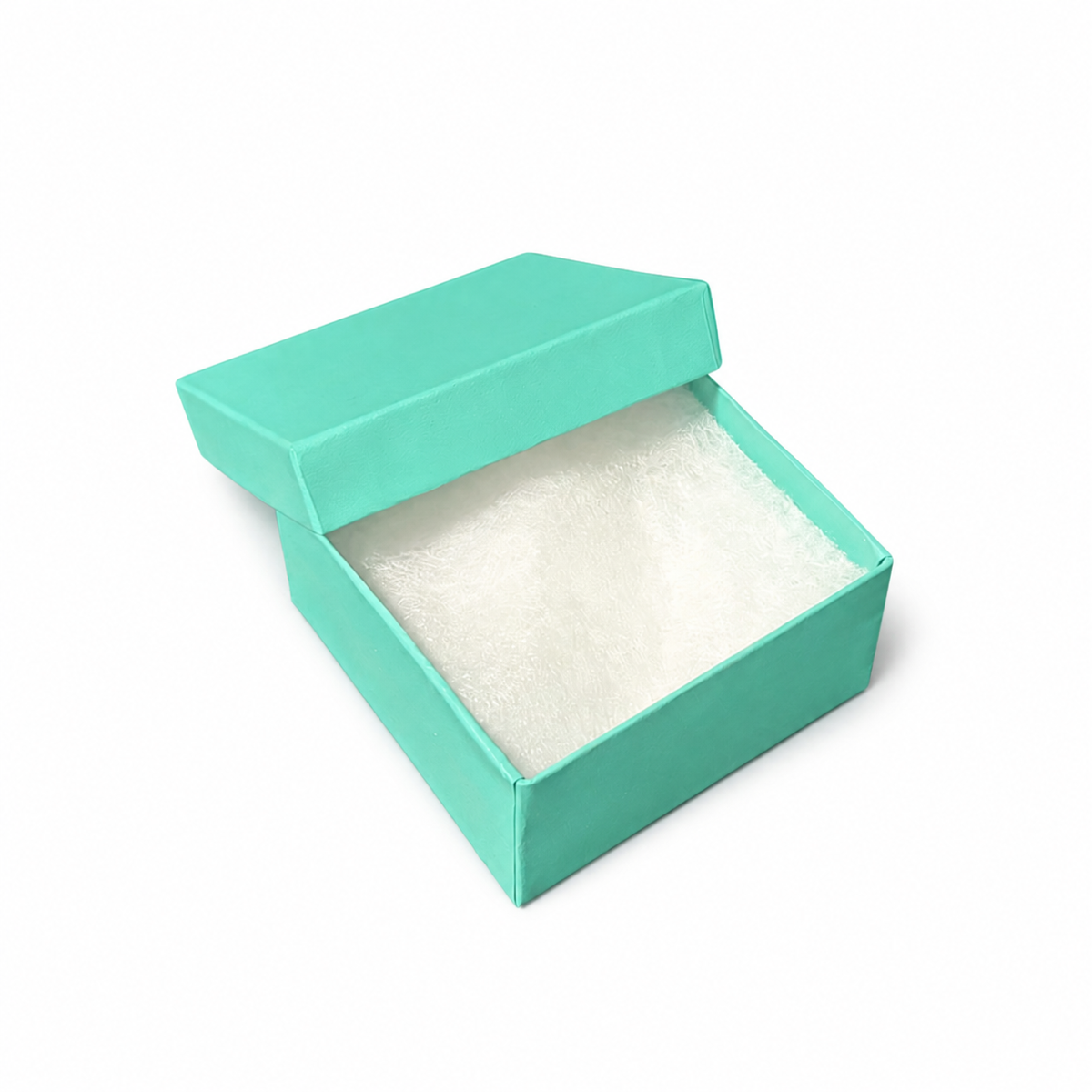Open t blue matte compact ring cotton-filled jewelry box with white protective insert, 100-piece pack