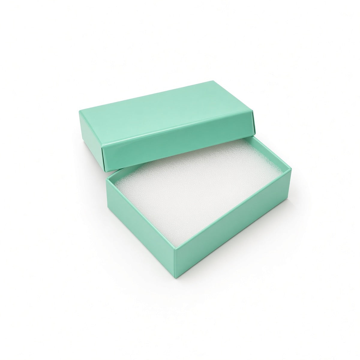 Open t blue glossy medium pendant cotton-filled jewelry box with white protective insert, 100-piece pack