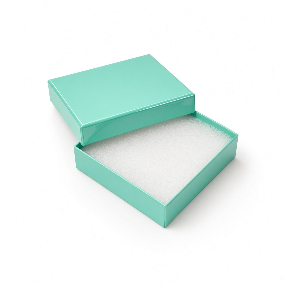 Open t blue glossy square earring cotton-filled jewelry box with white protective insert, 100-piece pack