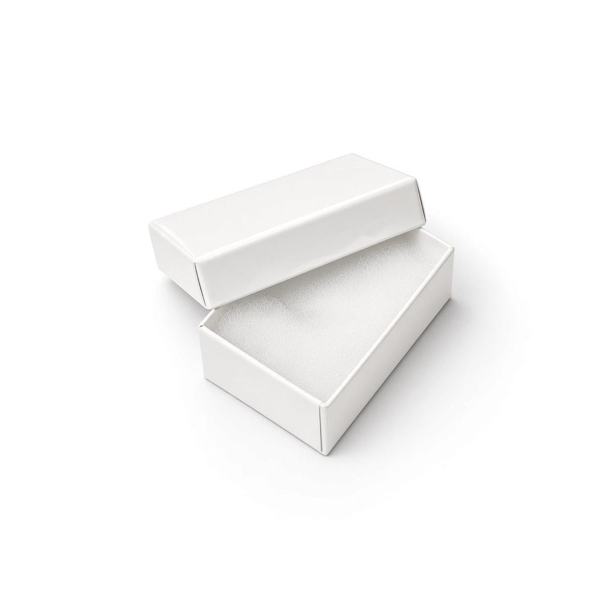 Open white glossy slim bracelet cotton-filled jewelry box with white protective insert, 100-piece pack