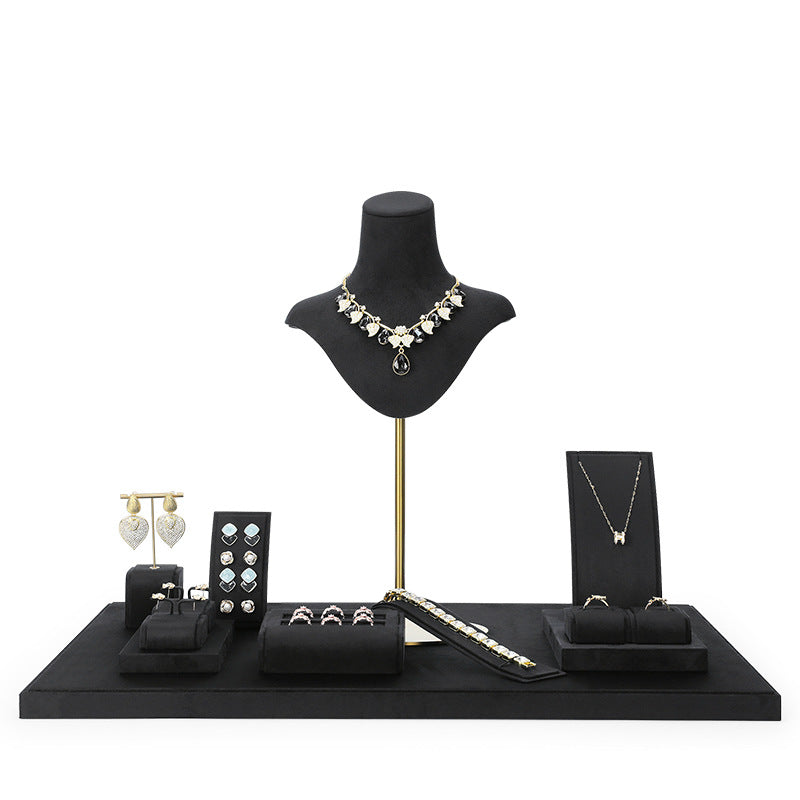 Black Velvet Jewelry Display Set - Complete Retail Stand with Bust, Earring, Ring & Bracelet Holders