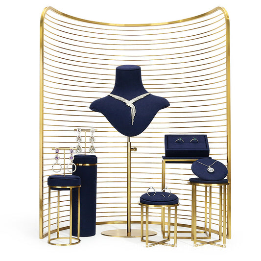 Luxury Gold Curved Jewelry Display Stand - Velvet Necklace Earring Ring Rack
