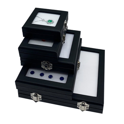 Black Leather Glass Gemstone Box with Lock