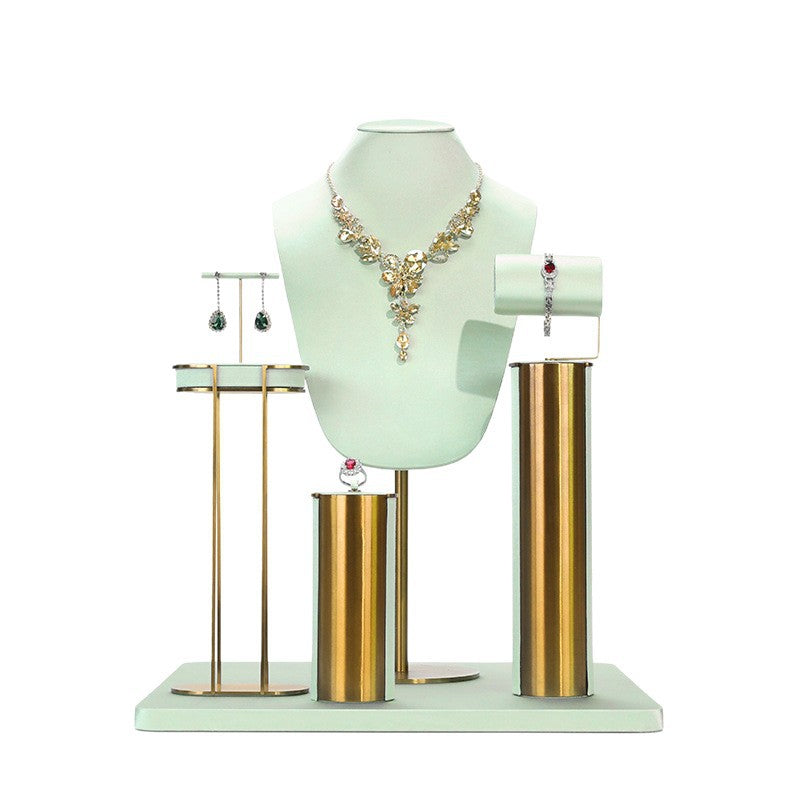 Light Green Velvet Jewelry Display Set with Gold Metal Base - Complete Stand for Necklaces, Earrings, Rings & Bracelets