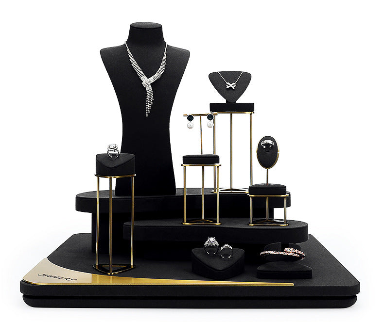 Black Microfiber Jewelry Display Stand, Necklace Pendant & Ring Counter Showcase Prop