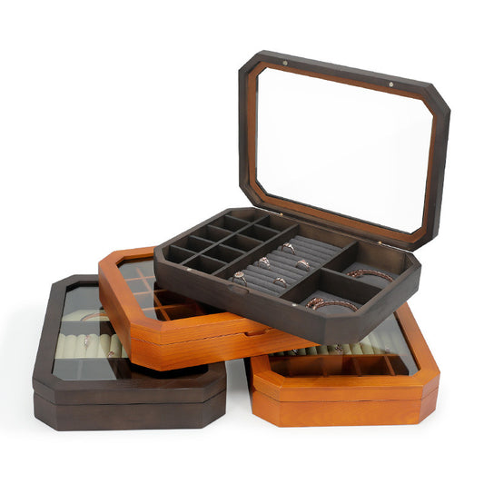 Wooden Jewelry Box with Clear Glass Lid & Octagonal Tray