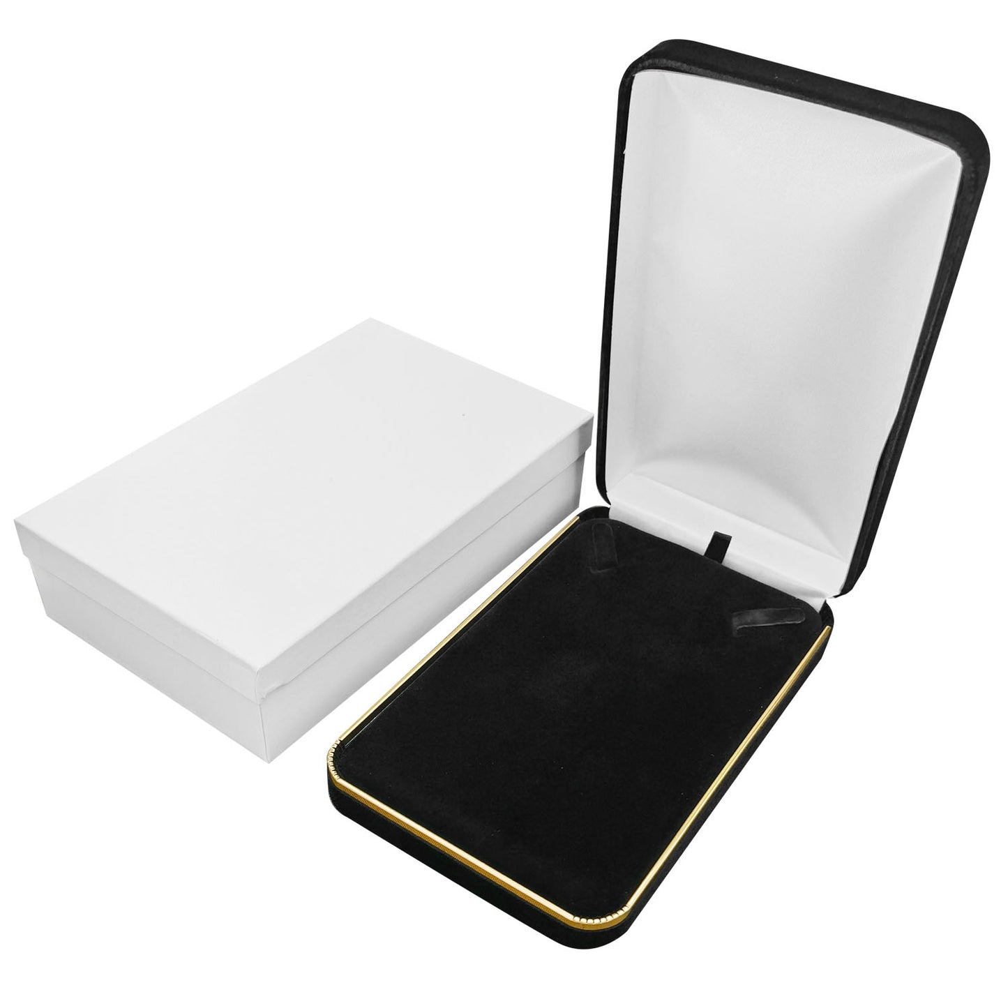 Cajas para anillos de terciopelo negro con borde dorado, precio por 12 piezas