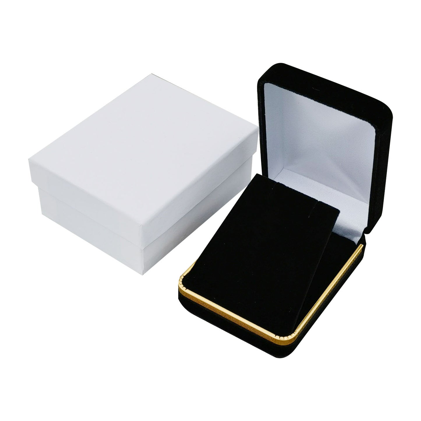 Cajas para anillos de terciopelo negro con borde dorado, precio por 12 piezas