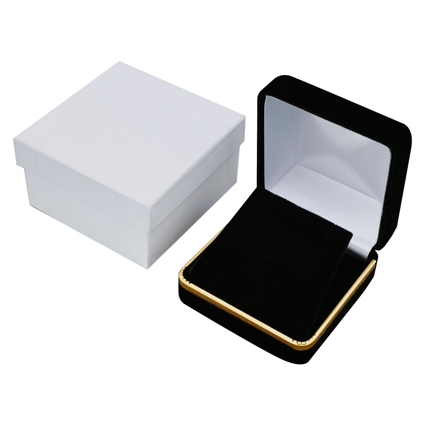 Cajas para anillos de terciopelo negro con borde dorado, precio por 12 piezas