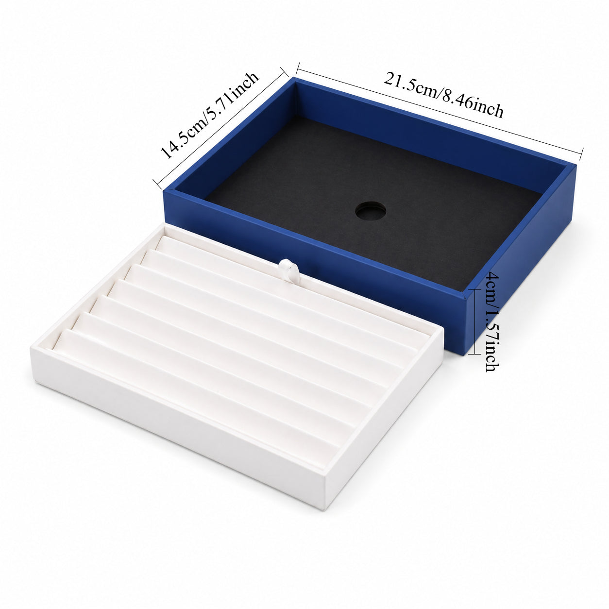 Low-profile bracelet display tray measuring 21.5 by 14.5 by 4 cm