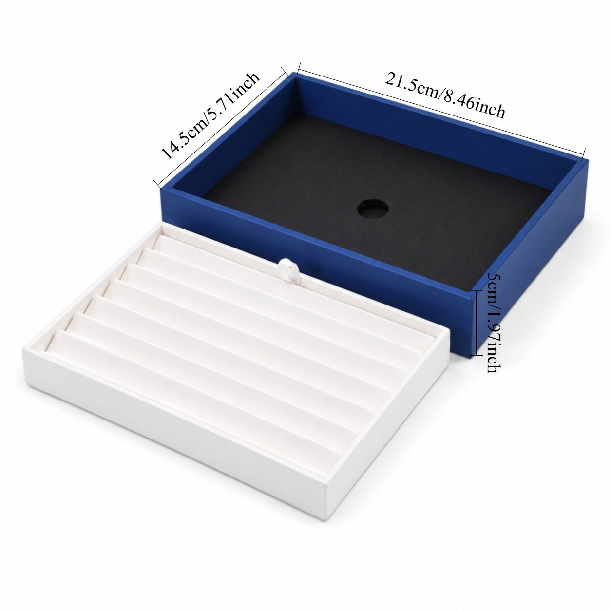 Bracelet storage and presentation tray measuring 21.5 by 14.5 by 5 cm
