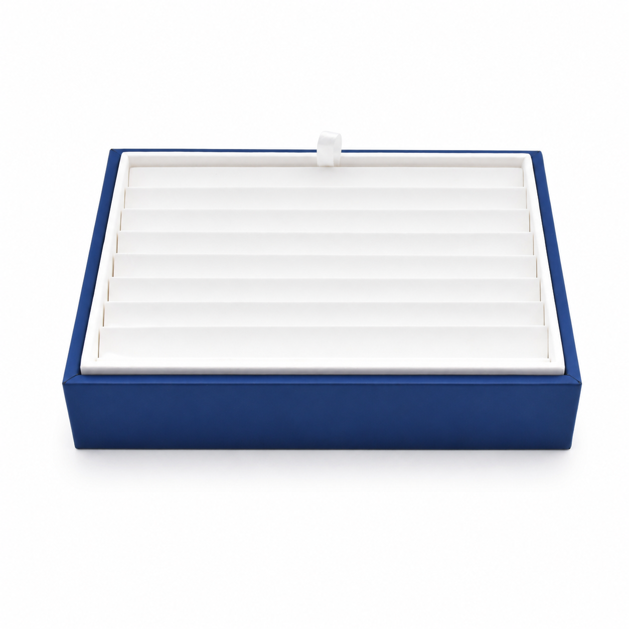 White nine-row bracelet organizer displayed beside a blue jewelry storage box