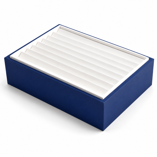 Deep blue 9-row bracelet presentation tray with white insert and 6 cm height