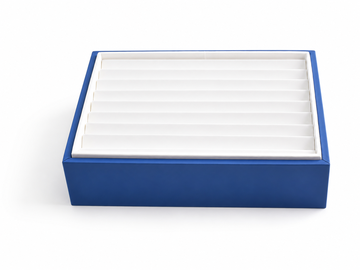 Blue retail jewelry tray with nine white rows for bracelets and bangles