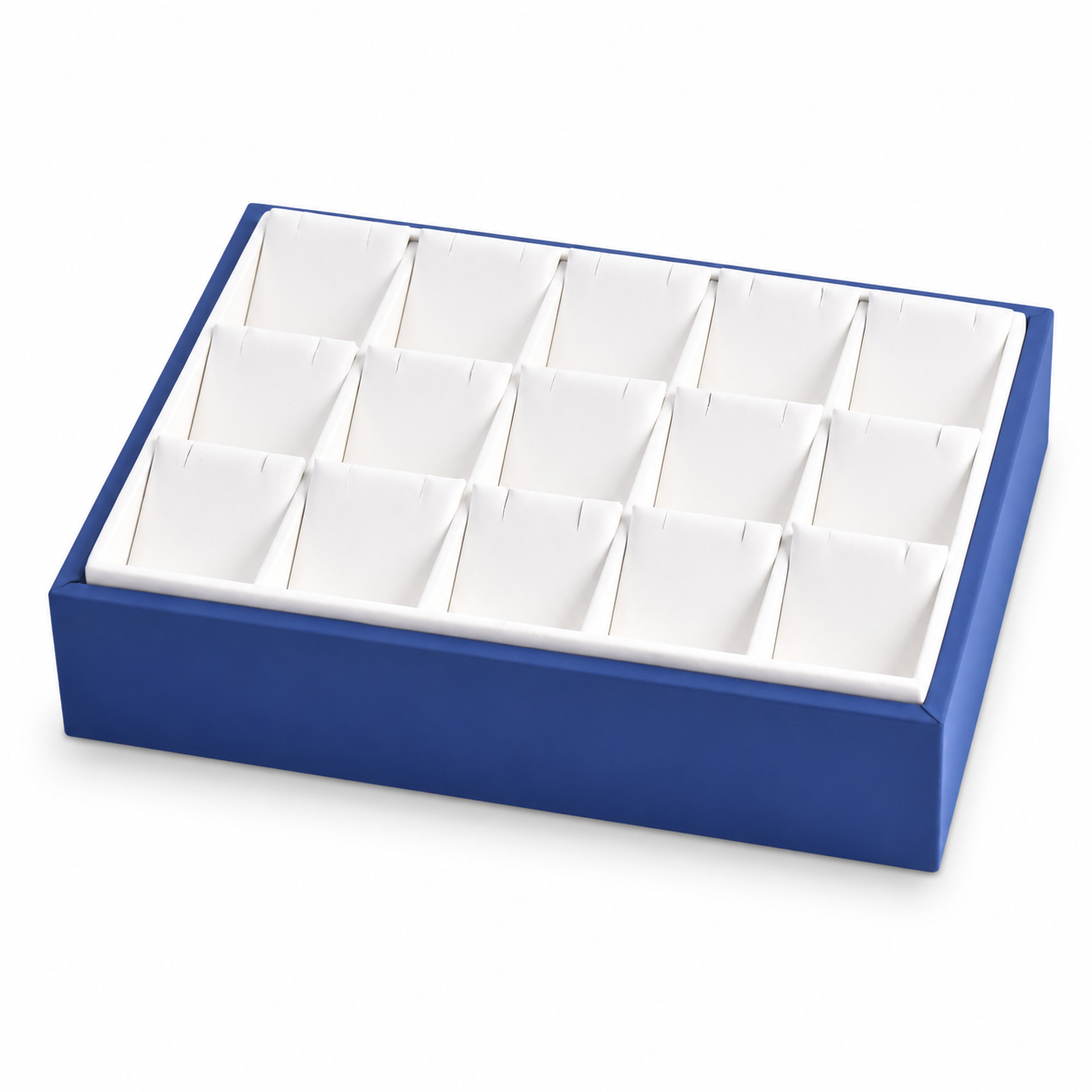 Blue 3x5 earring display tray with white insert on a clean white background