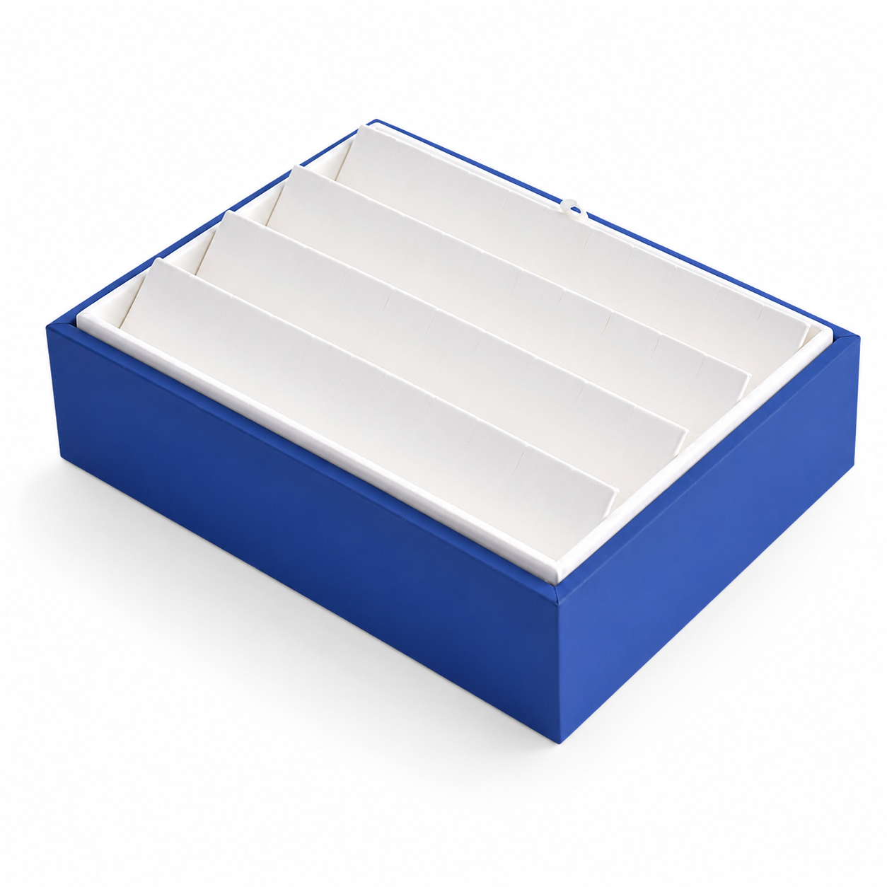Blue 4-row 20-pair earring display tray with white insert on a clean white background