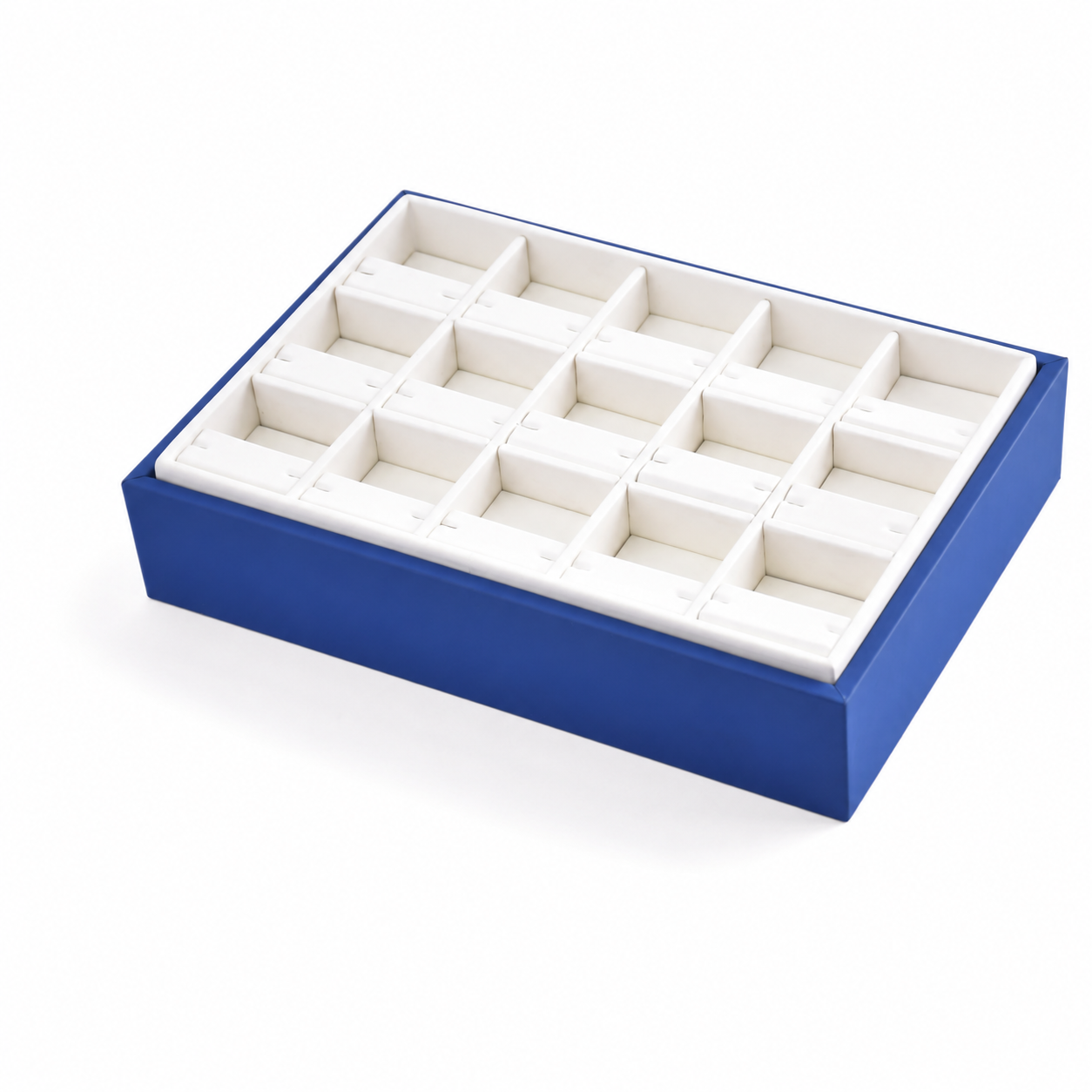 Blue 15-compartment earring organizer tray with white divided insert
