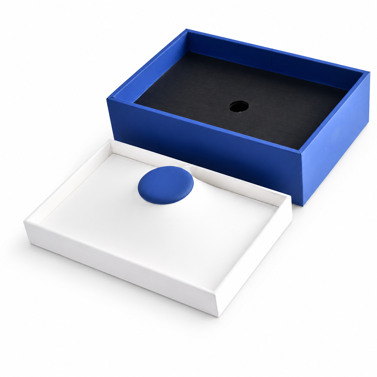 White necklace presentation board inside a deep blue jewelry display tray