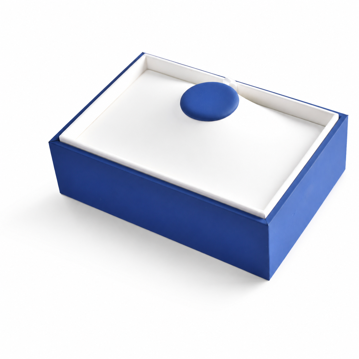 Blue single necklace display tray with white board and oval neck pad