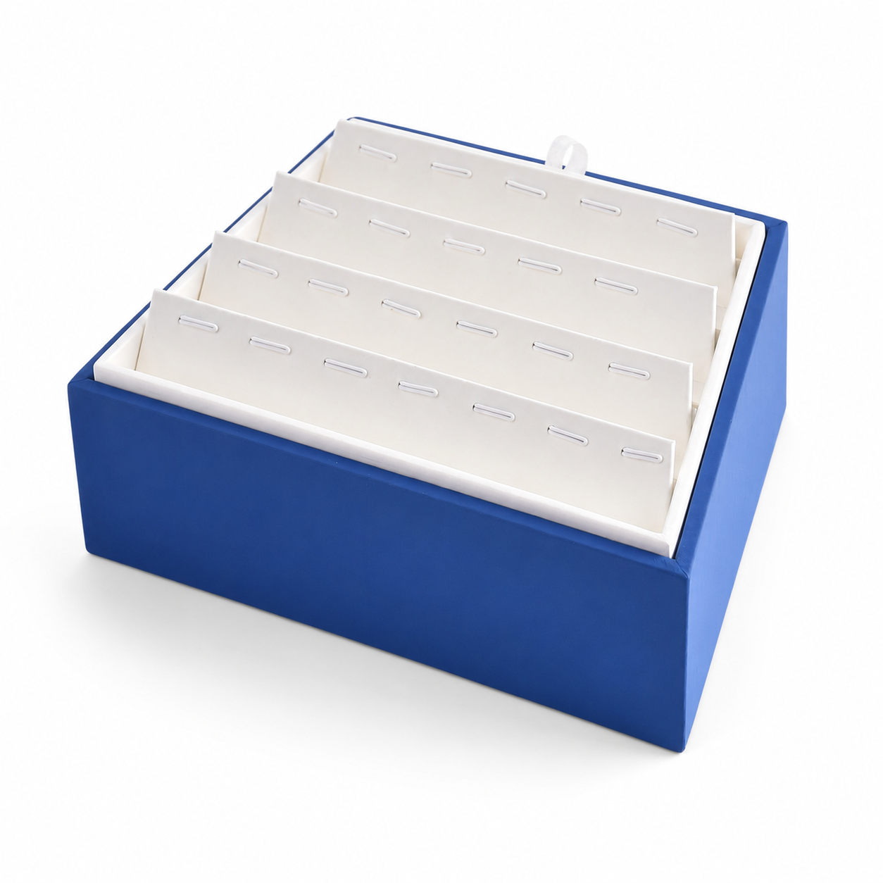 Blue 20-slot pendant display tray with four tiered white rows