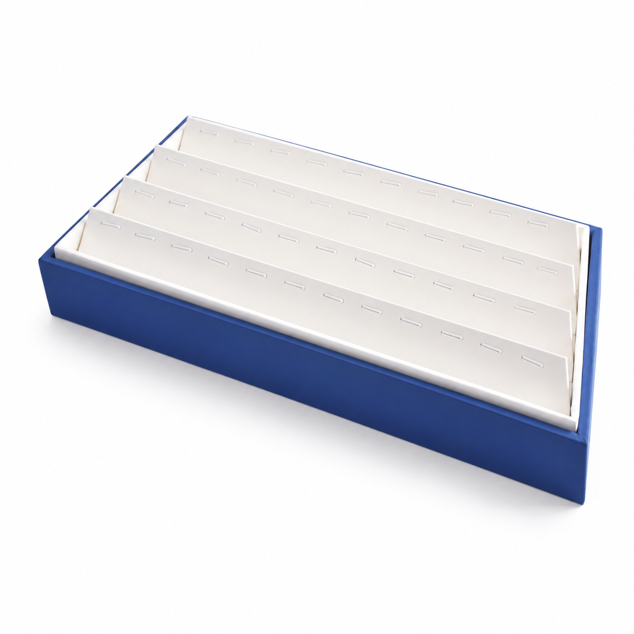 Blue 28-slot pendant presentation tray with four tiered white rows