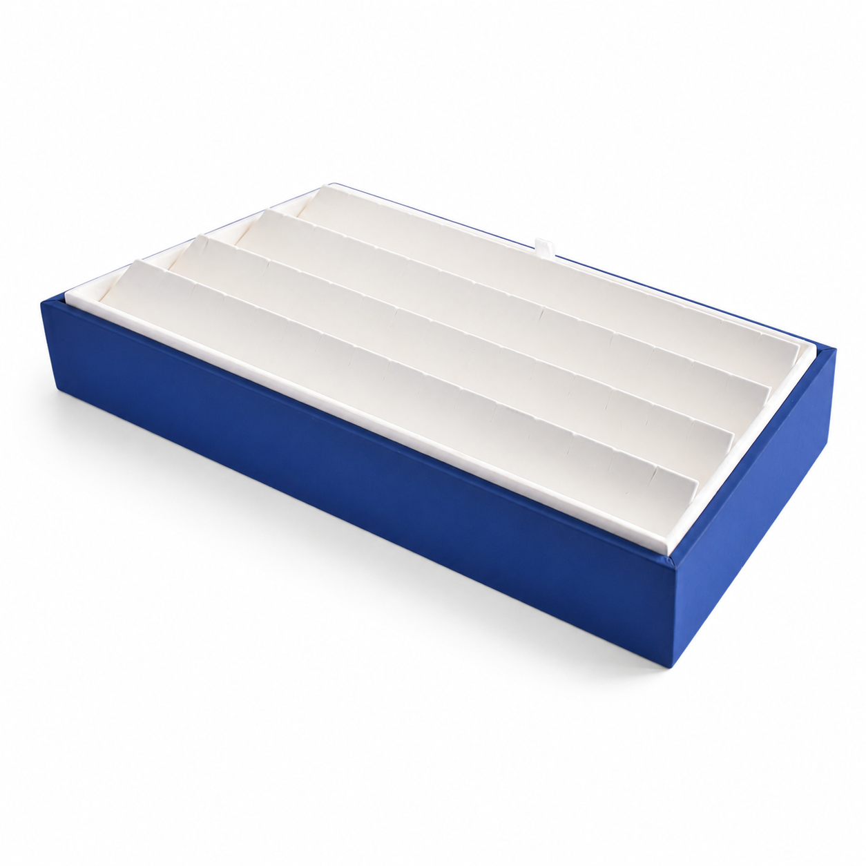 Blue 28-pair slotted earring tray with white tiered display insert