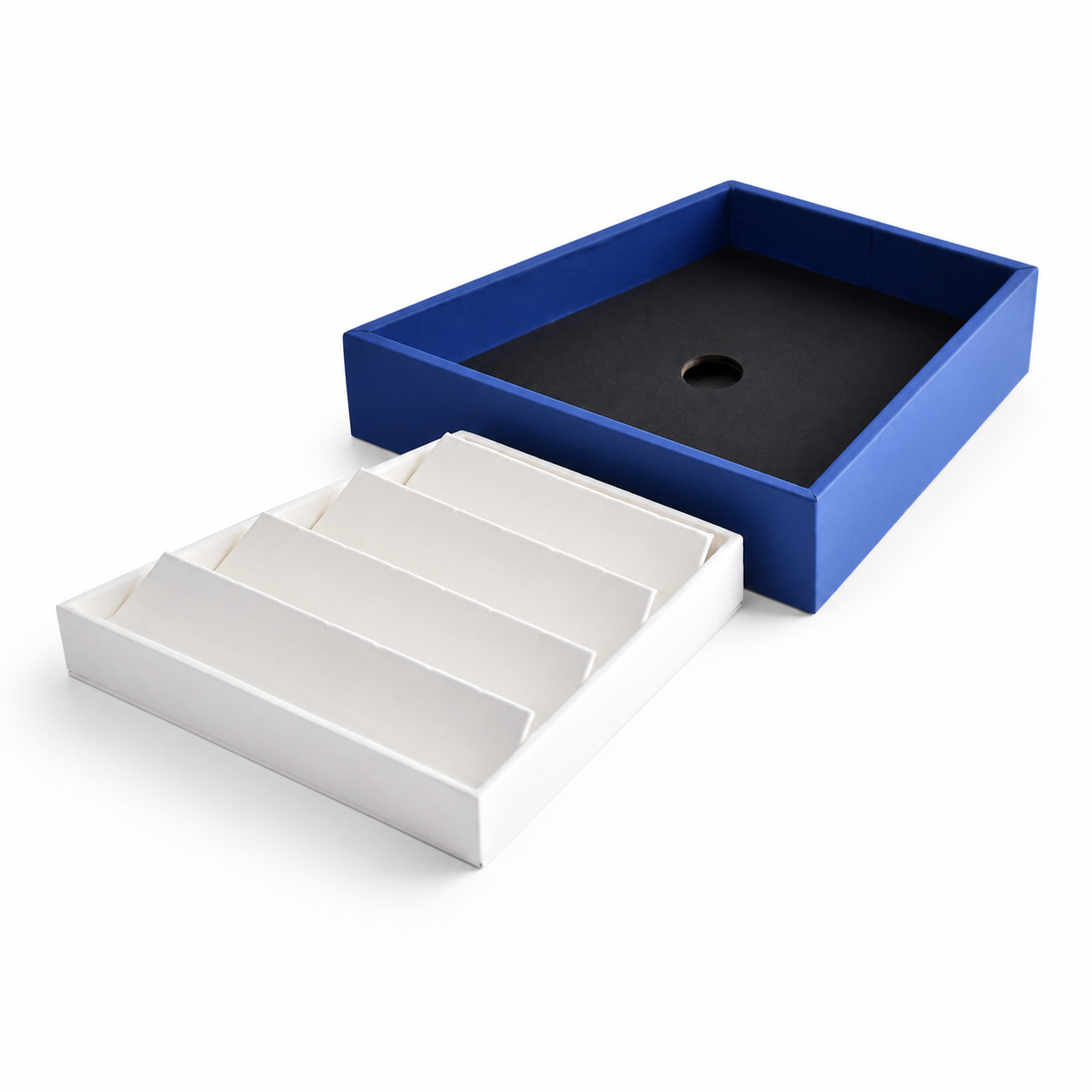 Three-row white earring holder tray inside a blue jewelry display base
