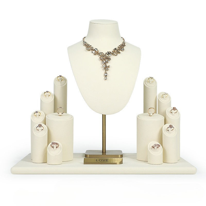 Cream White Velvet Jewelry Display Set with Gold Base - Complete Stand for Necklaces & Rings