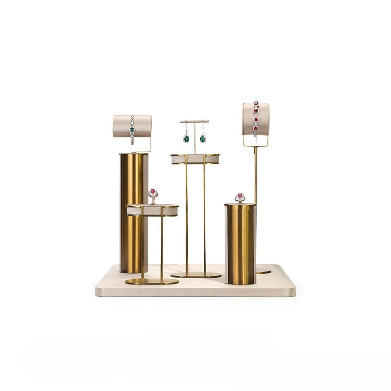 Beige Velvet Jewelry Display Set with Gold Metal Base - Complete Stand for Necklaces, Earrings, Rings & Bracelets