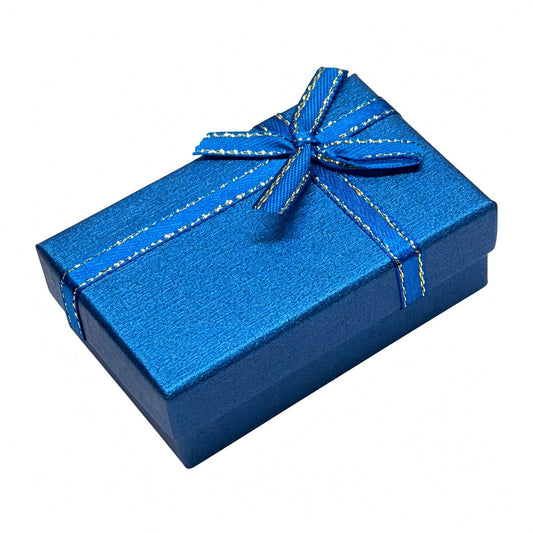 Closed blue B2632 bow jewelry gift box on a pure white background