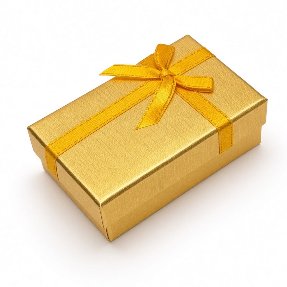Closed gold B2632 bow jewelry gift box on a pure white background