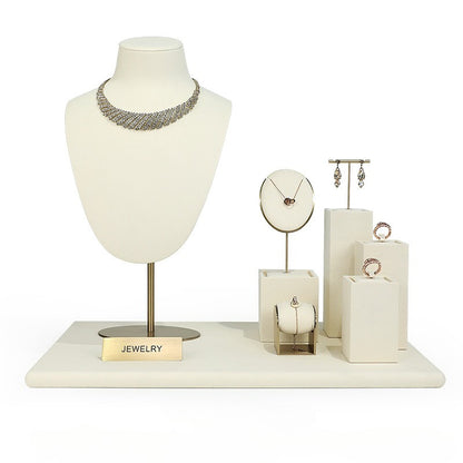 Beige Velvet Jewelry Display Set with Gold Metal Accents - Complete Retail Stand with Busts, Ring, Earring & Bracelet Holders