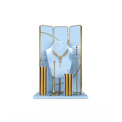Light Blue & Gold Jewelry Display Set - Luxury Retail Stand with Necklace Bust, Earring & Ring Holders
