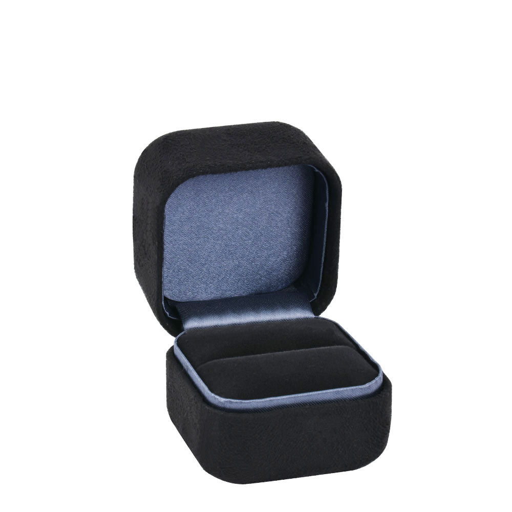 Black metal velvet ring box, open view