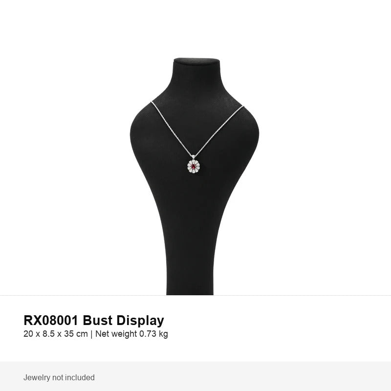 Black microfiber necklace bust display for retail jewelry showcases