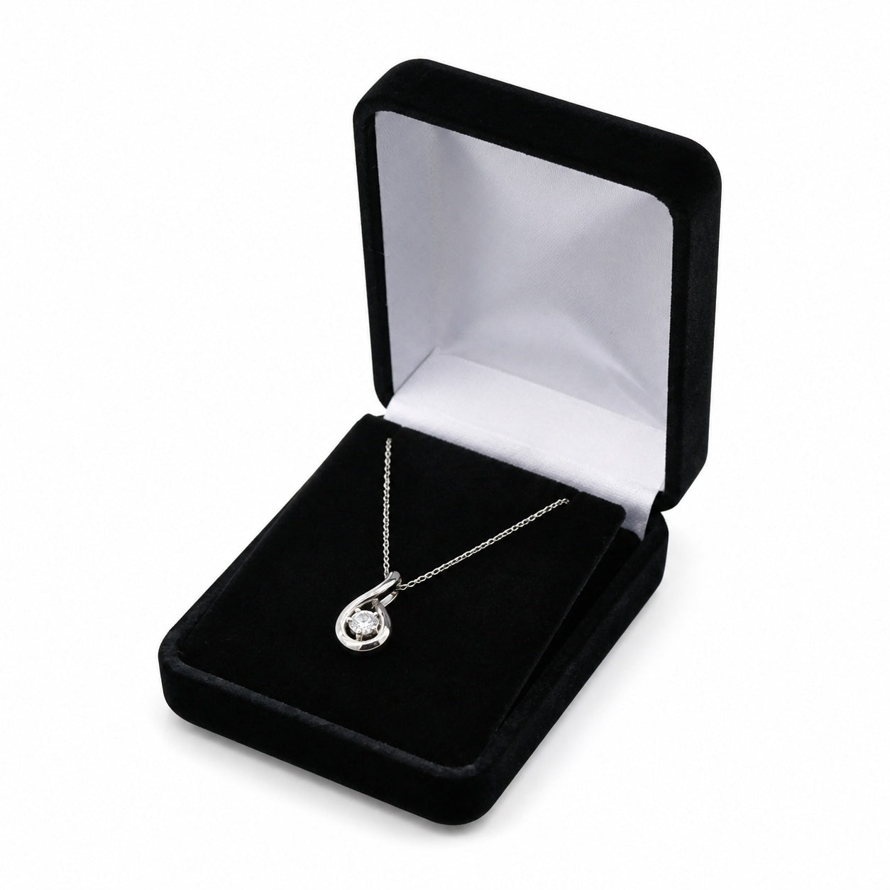 Black Rectangular Velvet Pendant Boxes, one open box displaying jewelry
