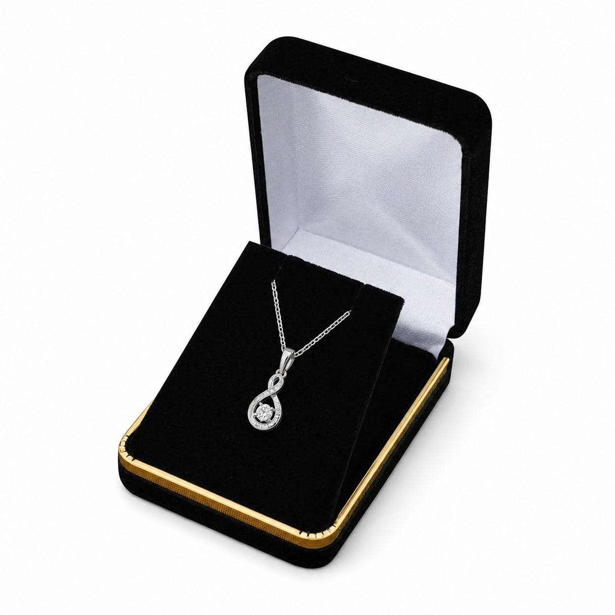 Black Rectangular Velvet Pendant Boxes with Gold Trim, one open box displaying jewelry