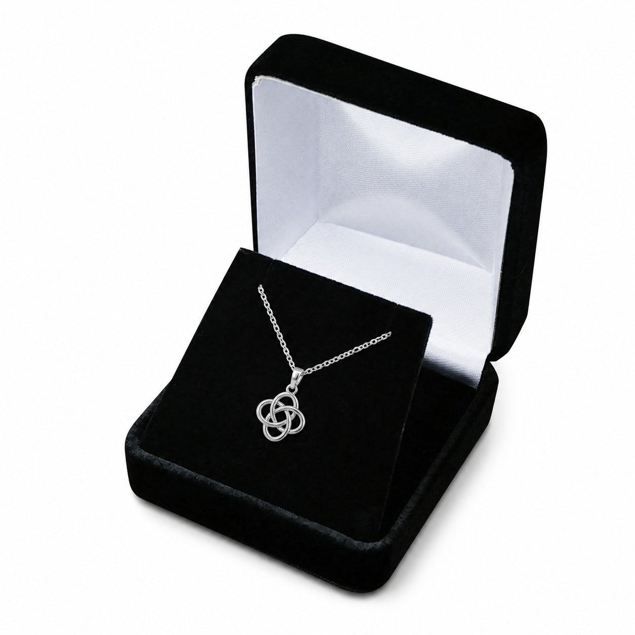 Black Square Velvet Pendant Boxes, one open box displaying jewelry
