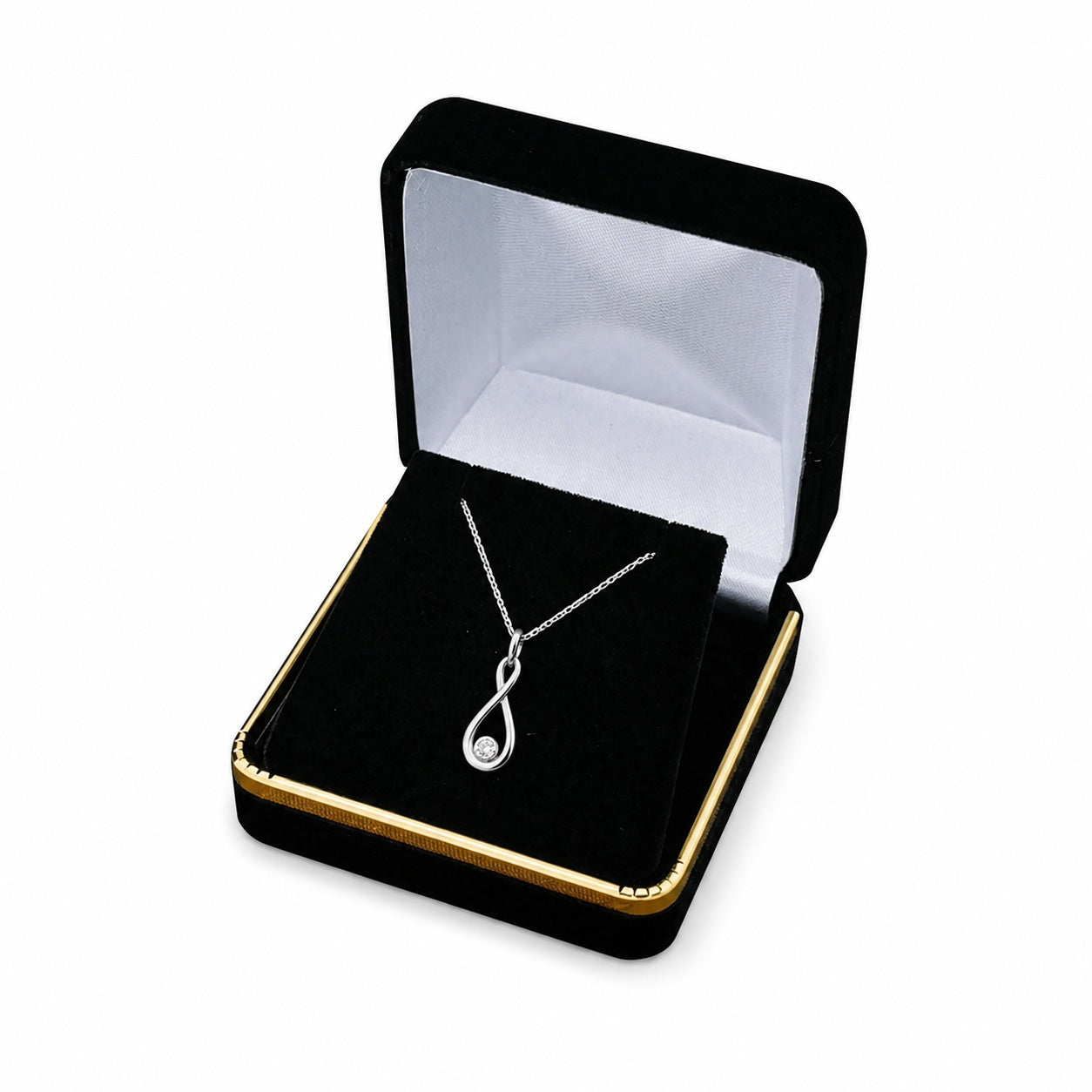Black Square Velvet Pendant Boxes with Gold Trim, one open box displaying jewelry