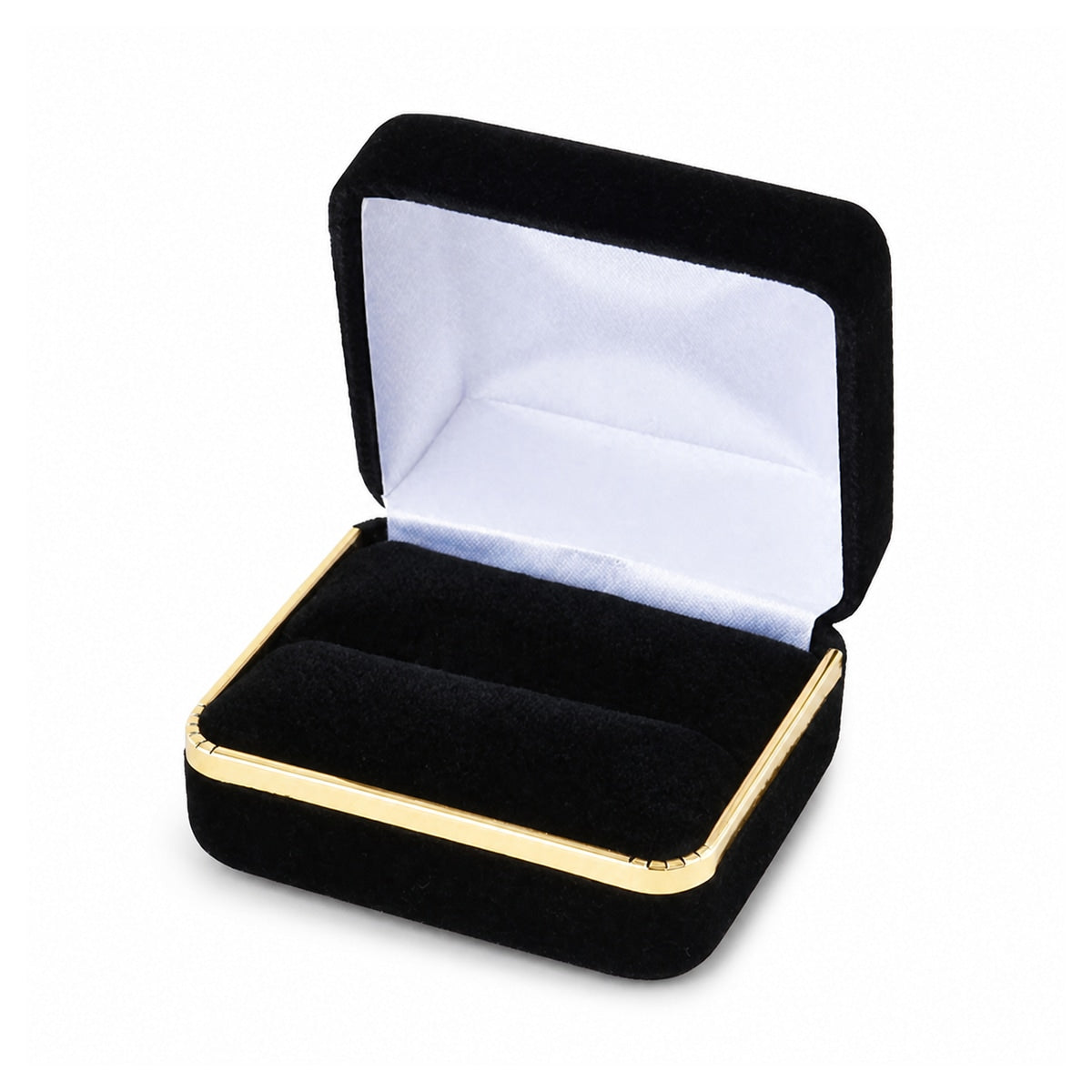 Black velvet double ring box with gold trim open empty insert view.