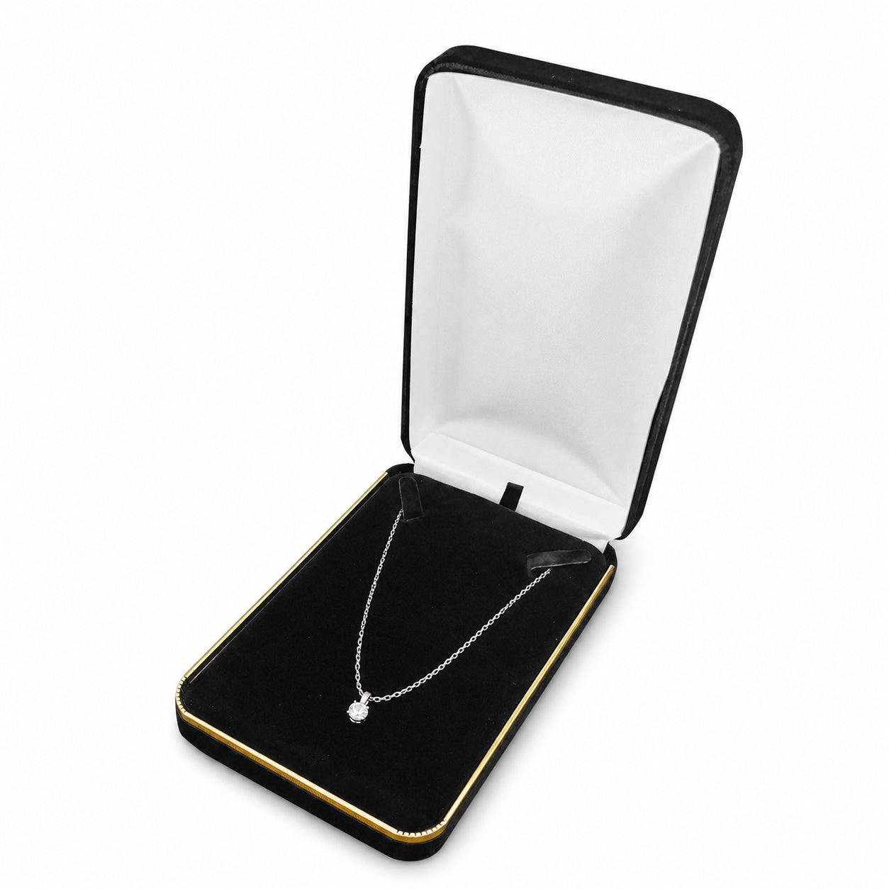 Black Velvet Necklace Boxes with Gold Trim shown as one open box with jewelry display props