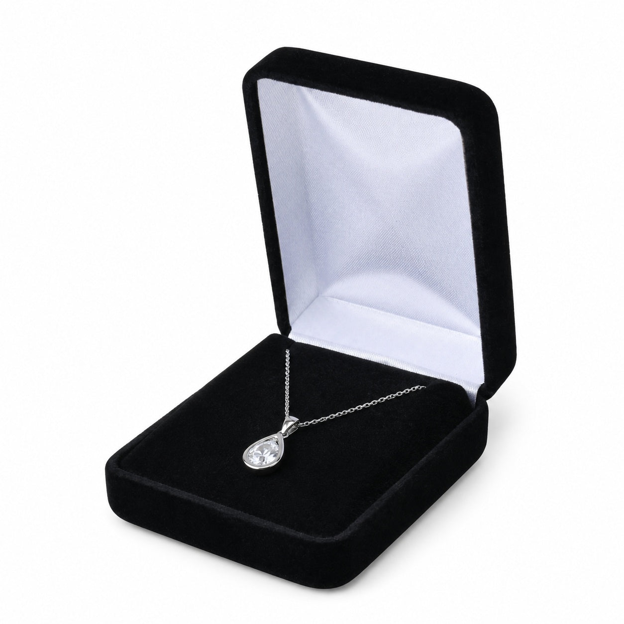 Black Velvet Pendant and Earring Boxes, one open box displaying jewelry