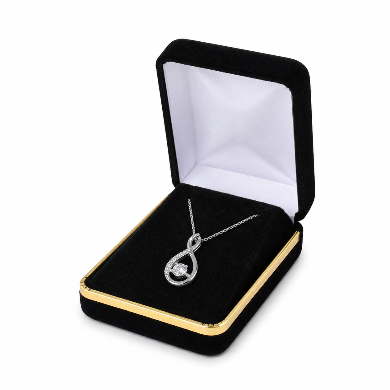 Black Velvet Pendant and Earring Boxes with Gold Trim, one open box displaying jewelry