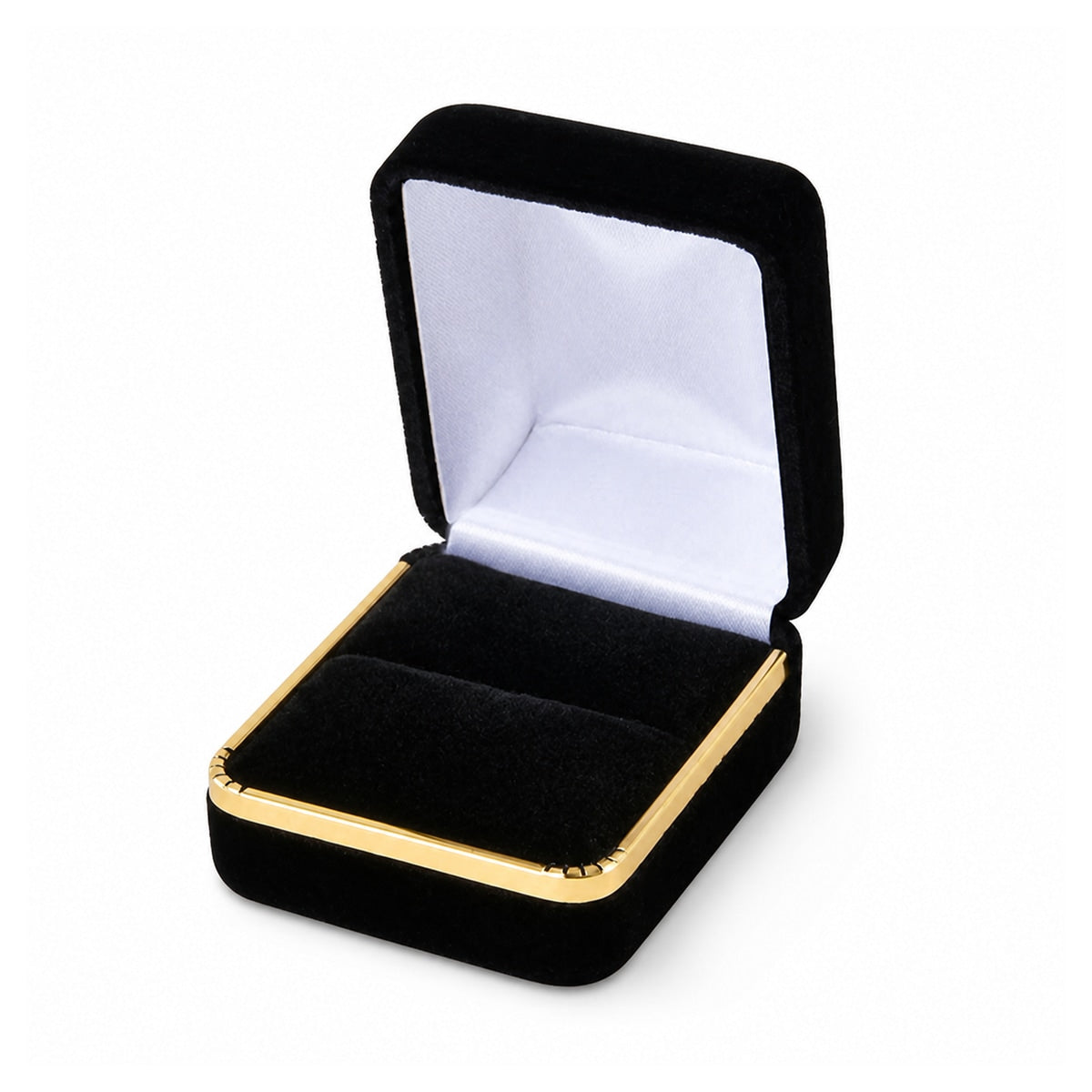 Black velvet single ring box with gold trim open empty insert view.