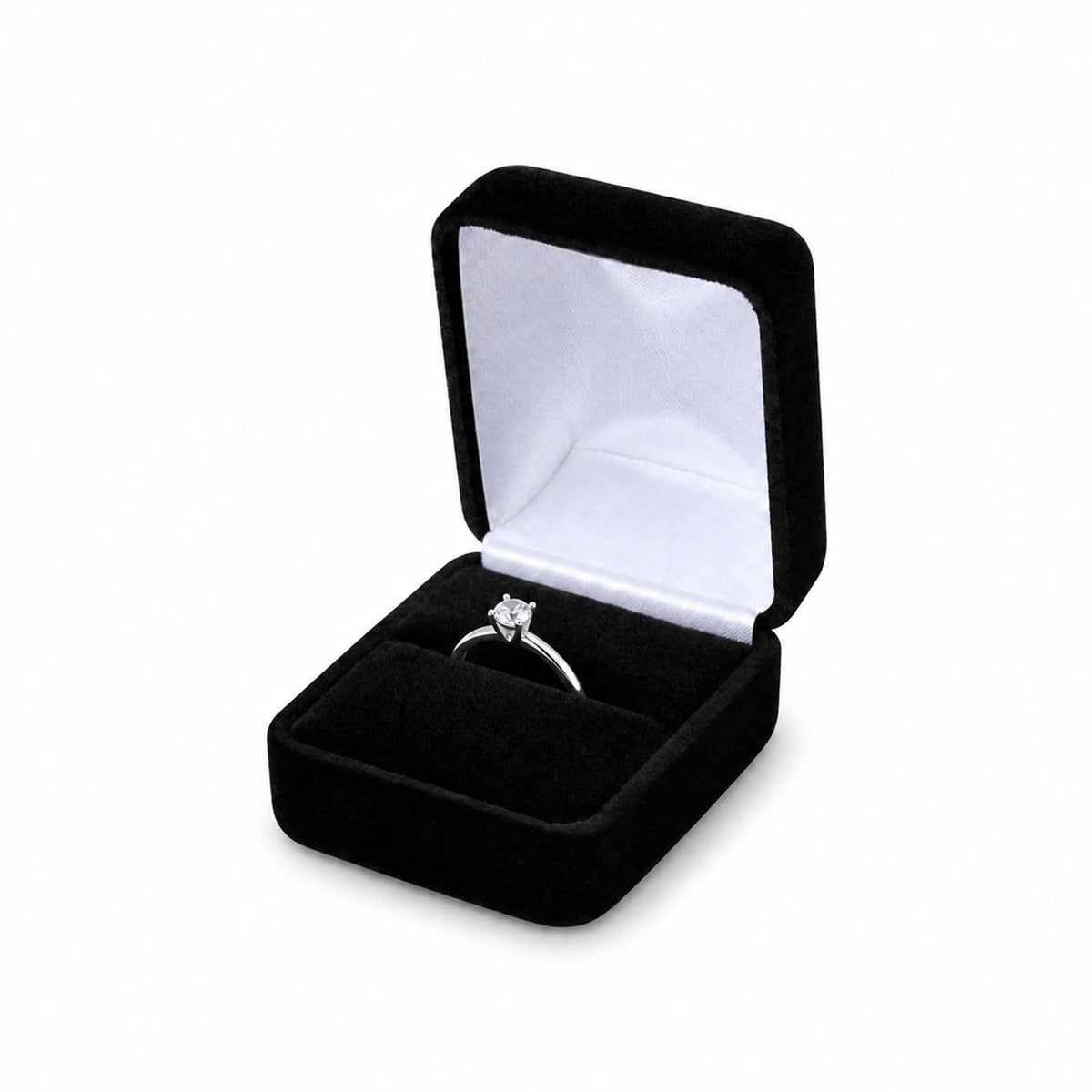 Black Velvet Single Ring Boxes, one open box displaying jewelry