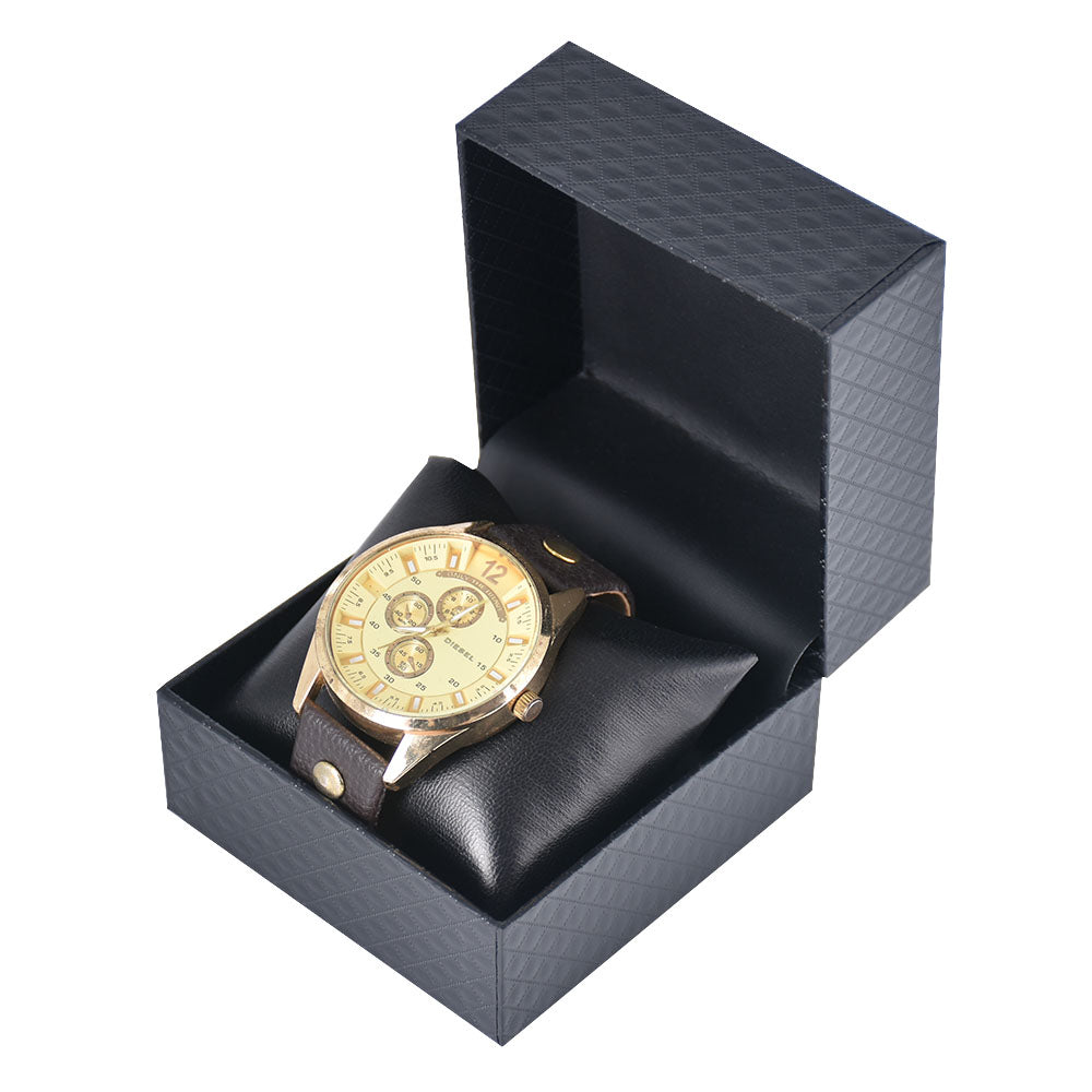 Jeweller Buy compact wristwear packaging box shown open with a soft black display insert.