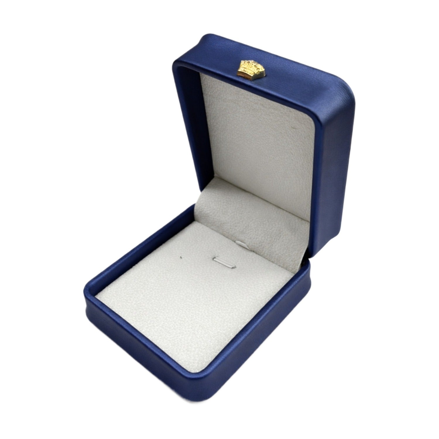 Open navy blue rounded pendant jewelry box with a light padded interior, securing loops, and gold-tone ornament.