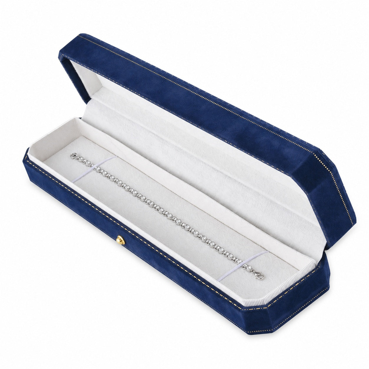 Blue Octagonal Velvet Bracelet Boxes shown as one open box with jewelry display props