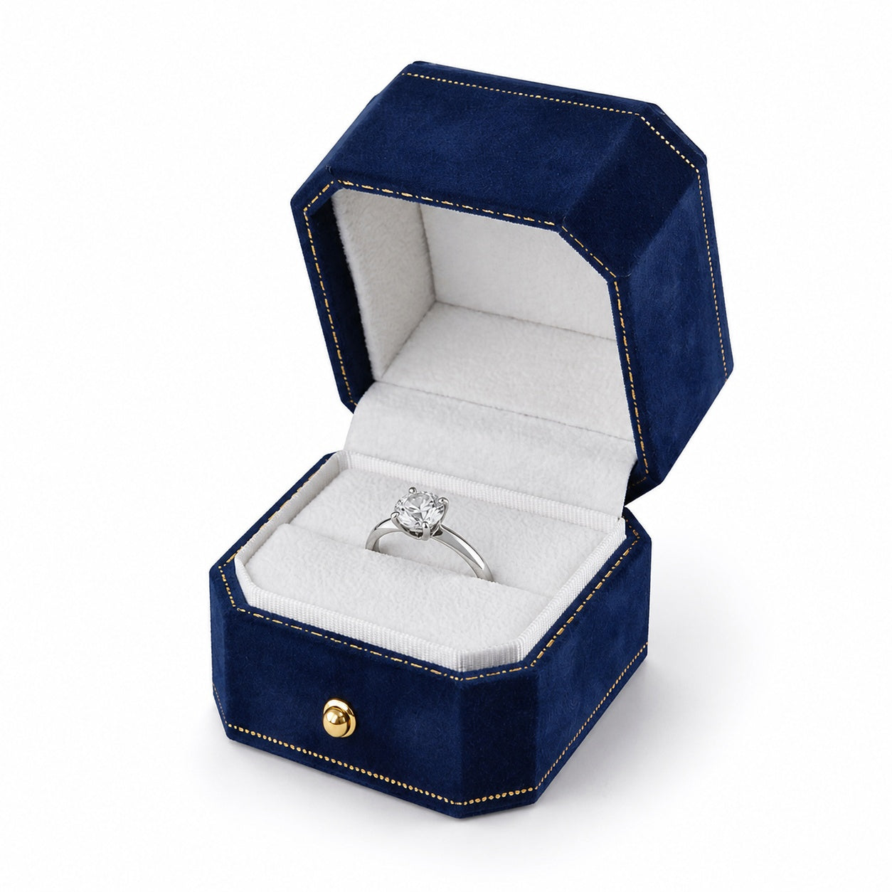 Blue Octagonal Velvet Ring Boxes shown as one open box with jewelry display props