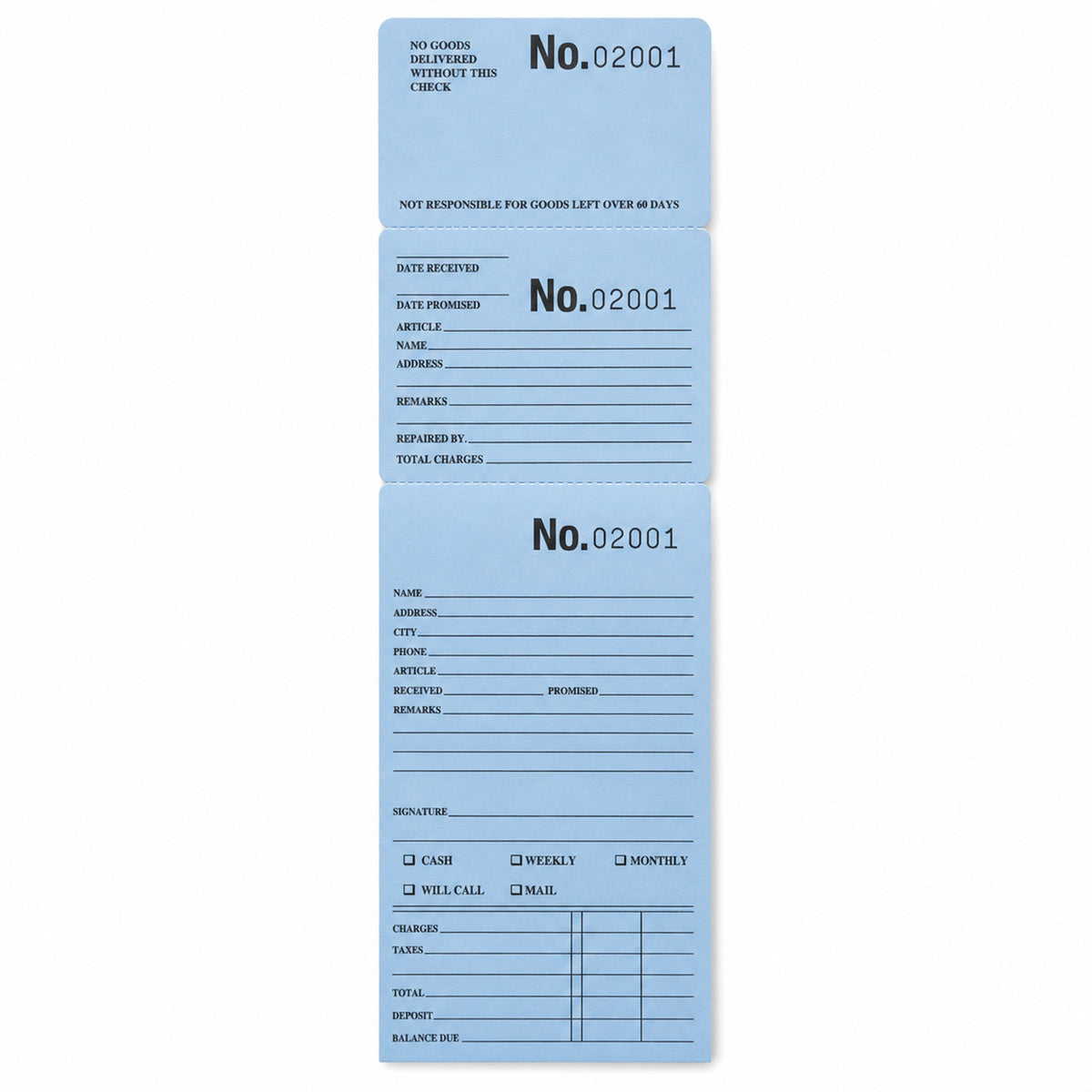 Blue repair and layaway envelope with numbered claim checks, front view